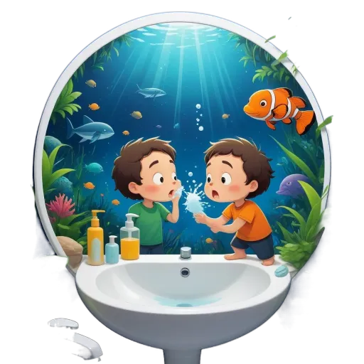 A sink with two boys and a fish on the wall.