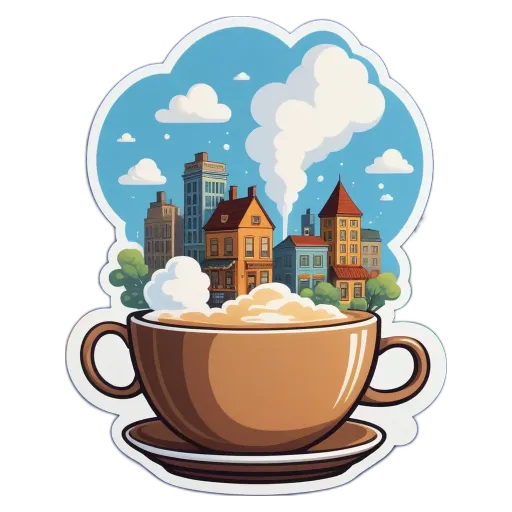 A cartoon of a cup of coffee with a cityscape in the background.