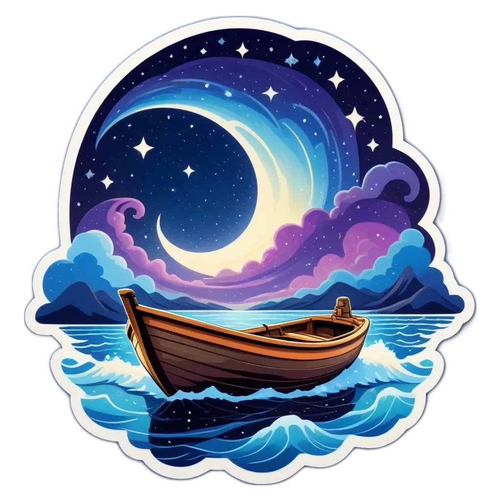 A boat on a night with a crescent moon.