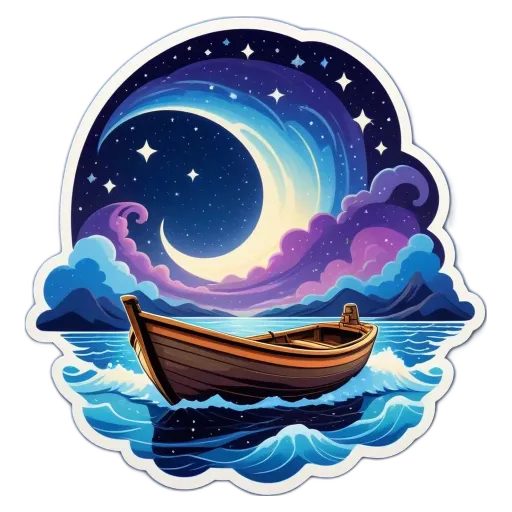 A boat on a night with a crescent moon.