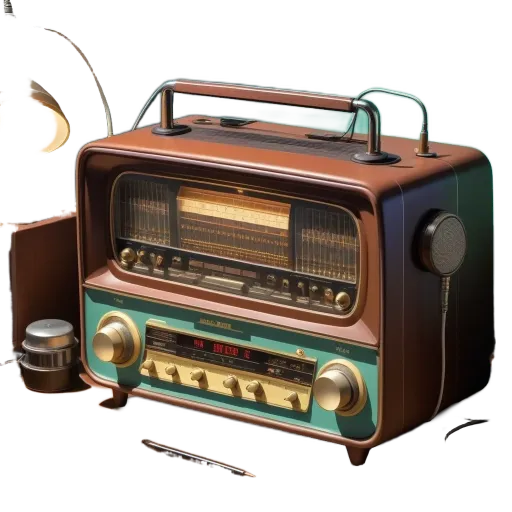An old fashioned radio with a pen directly below the control panel.