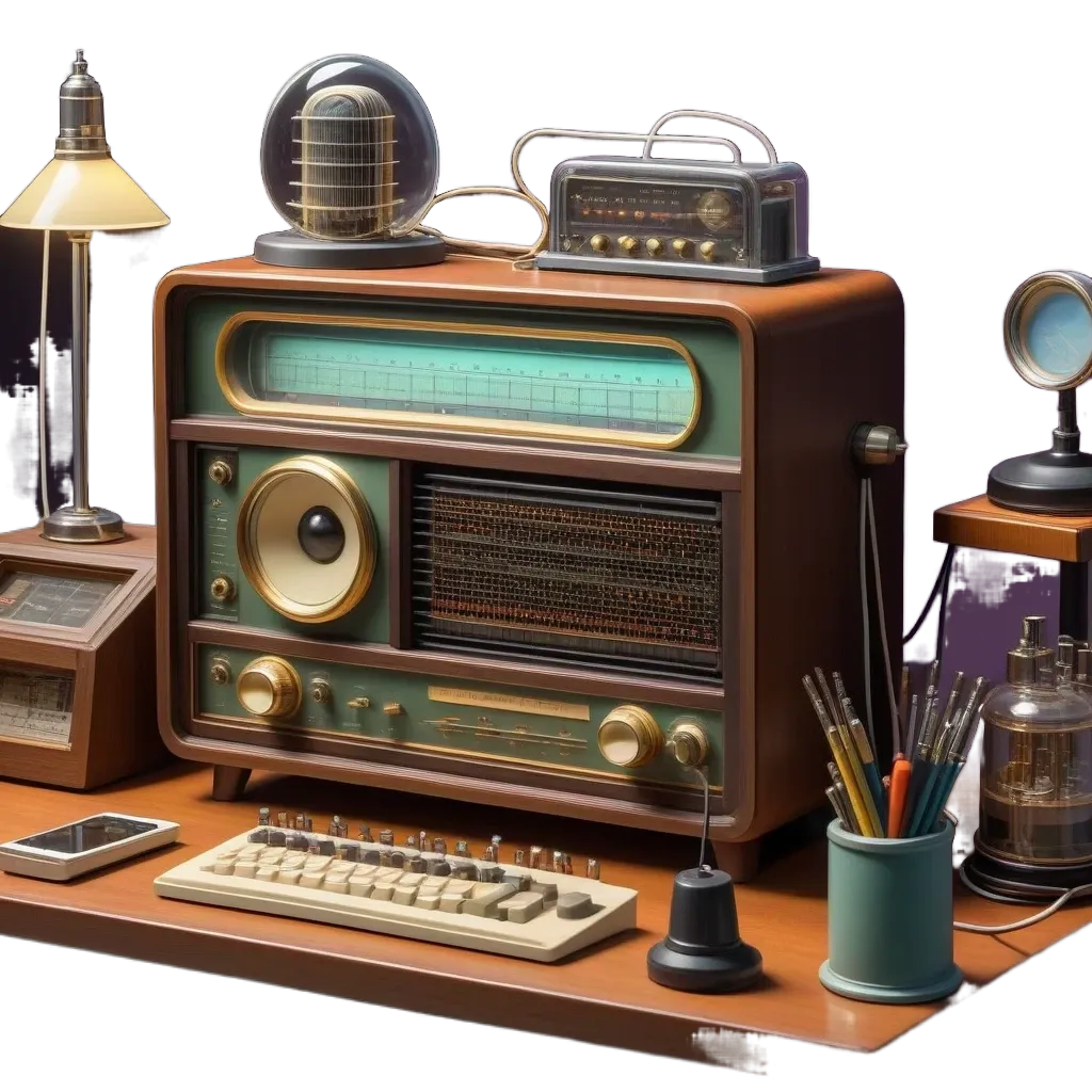 An old fashioned radio sits on a table next to a keyboard.