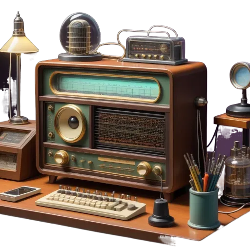 An old fashioned radio sits on a table next to a keyboard.