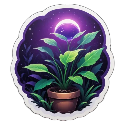 A plant in a pot with a full moon sticker.