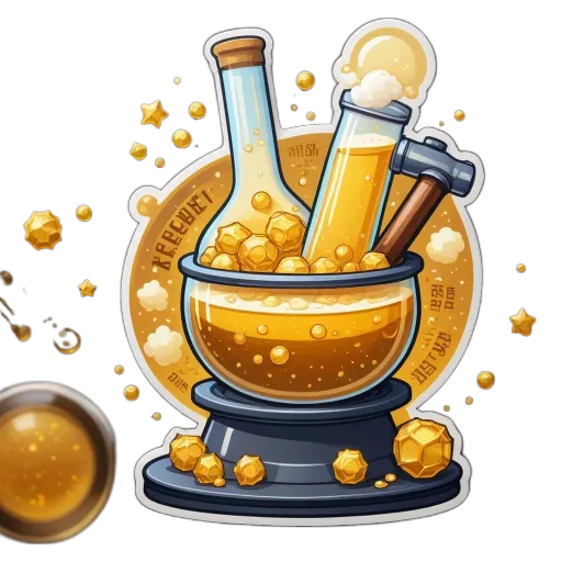 Science fiction elements in a cartoon style including elements such as gold, a bowl and a hammer.