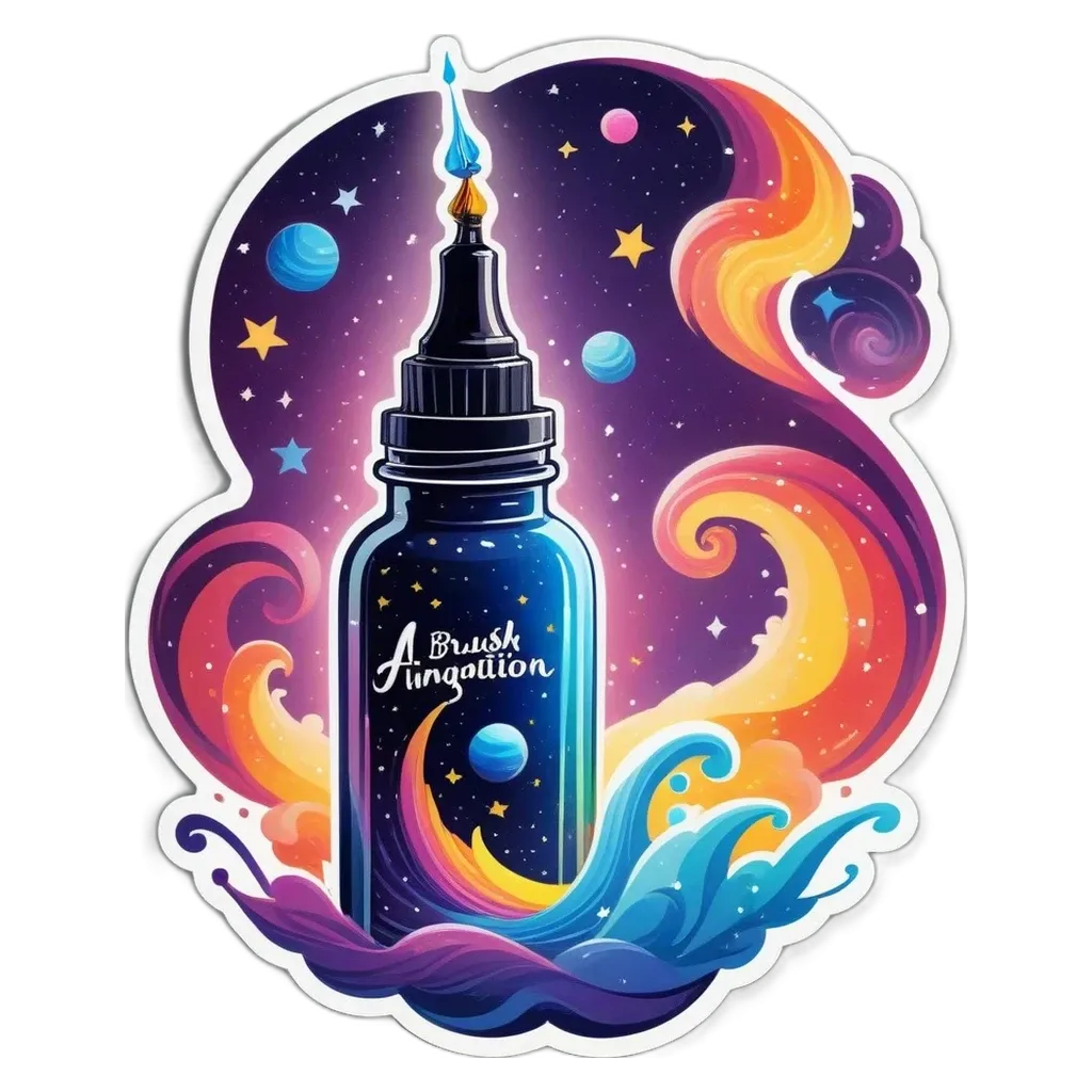 A bottle with writing on it is in front of a space background.