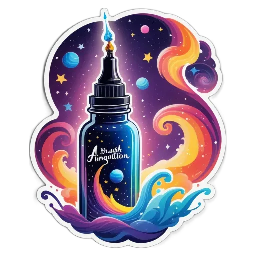 A bottle with writing on it is in front of a space background.