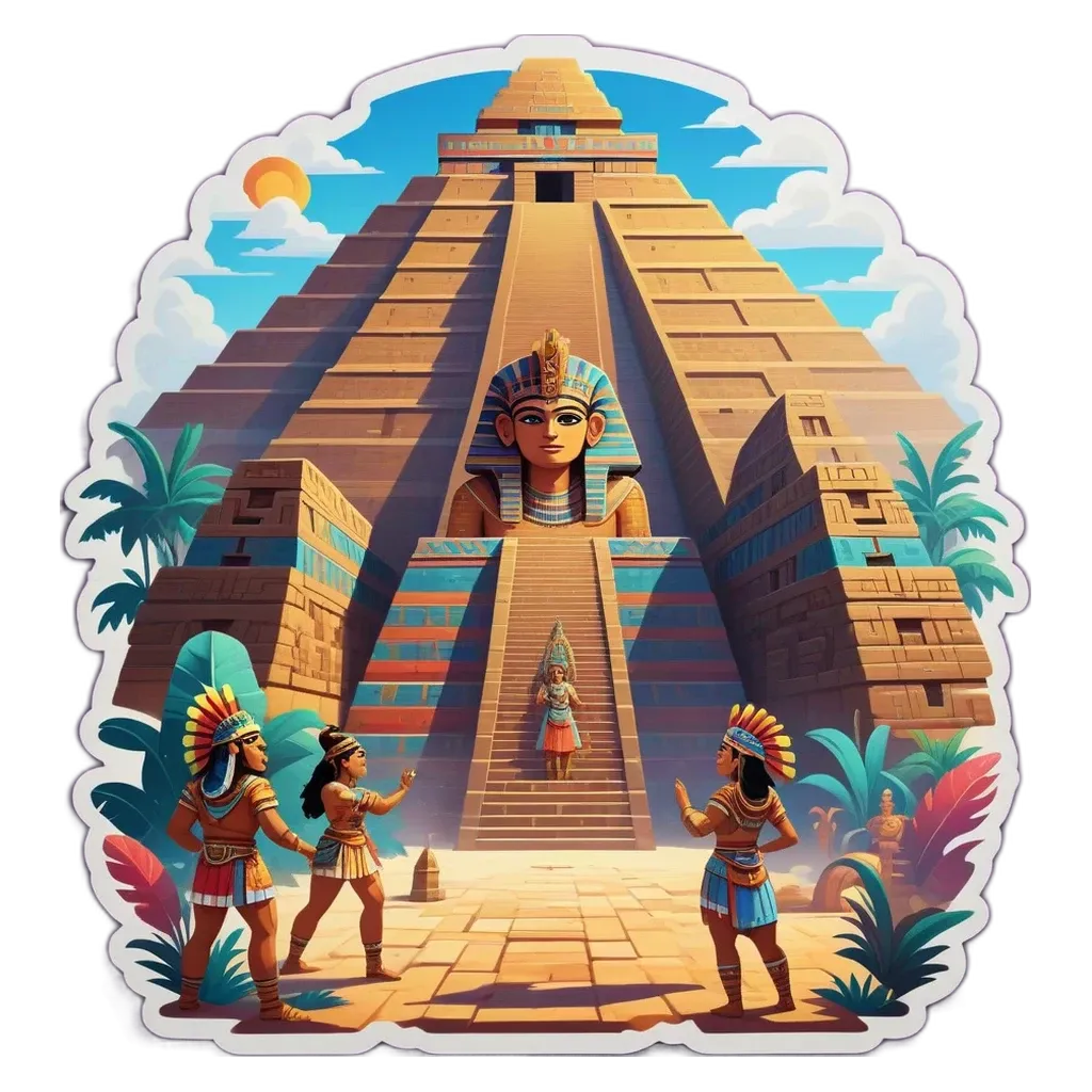 A drawing of an ancient Egyptian pyramid with people in front of it.