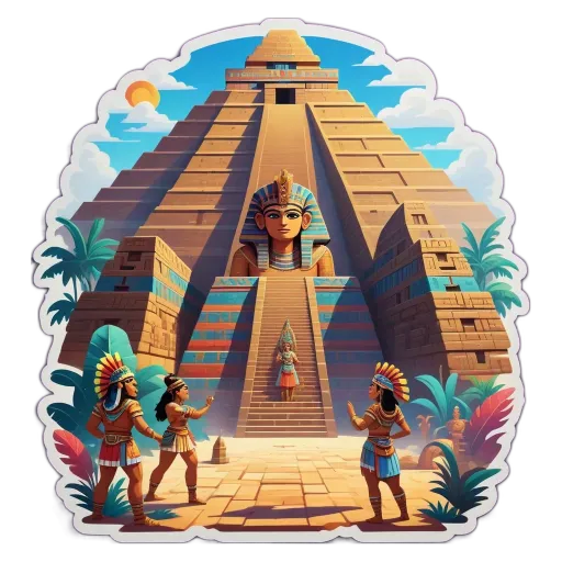 A drawing of an ancient Egyptian pyramid with people in front of it.
