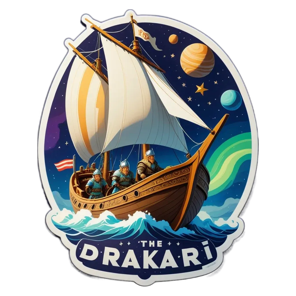 A sticker of a boat with the words The Drakei on it in bold.