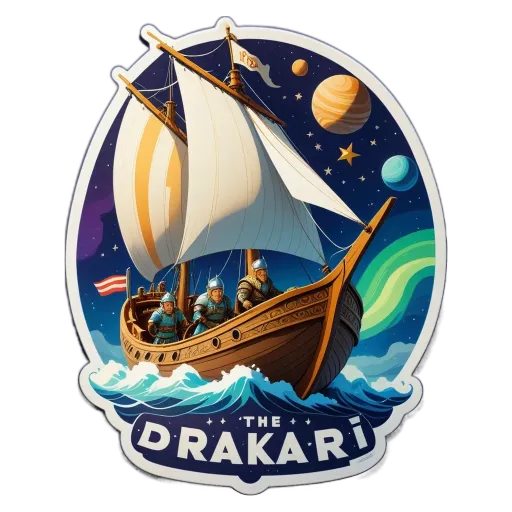 A sticker of a boat with the words The Drakei on it in bold.