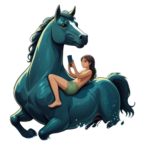 A woman is sitting on a horse that is colored blue.