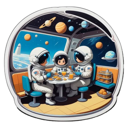 A sticker of three space men at a table with food.