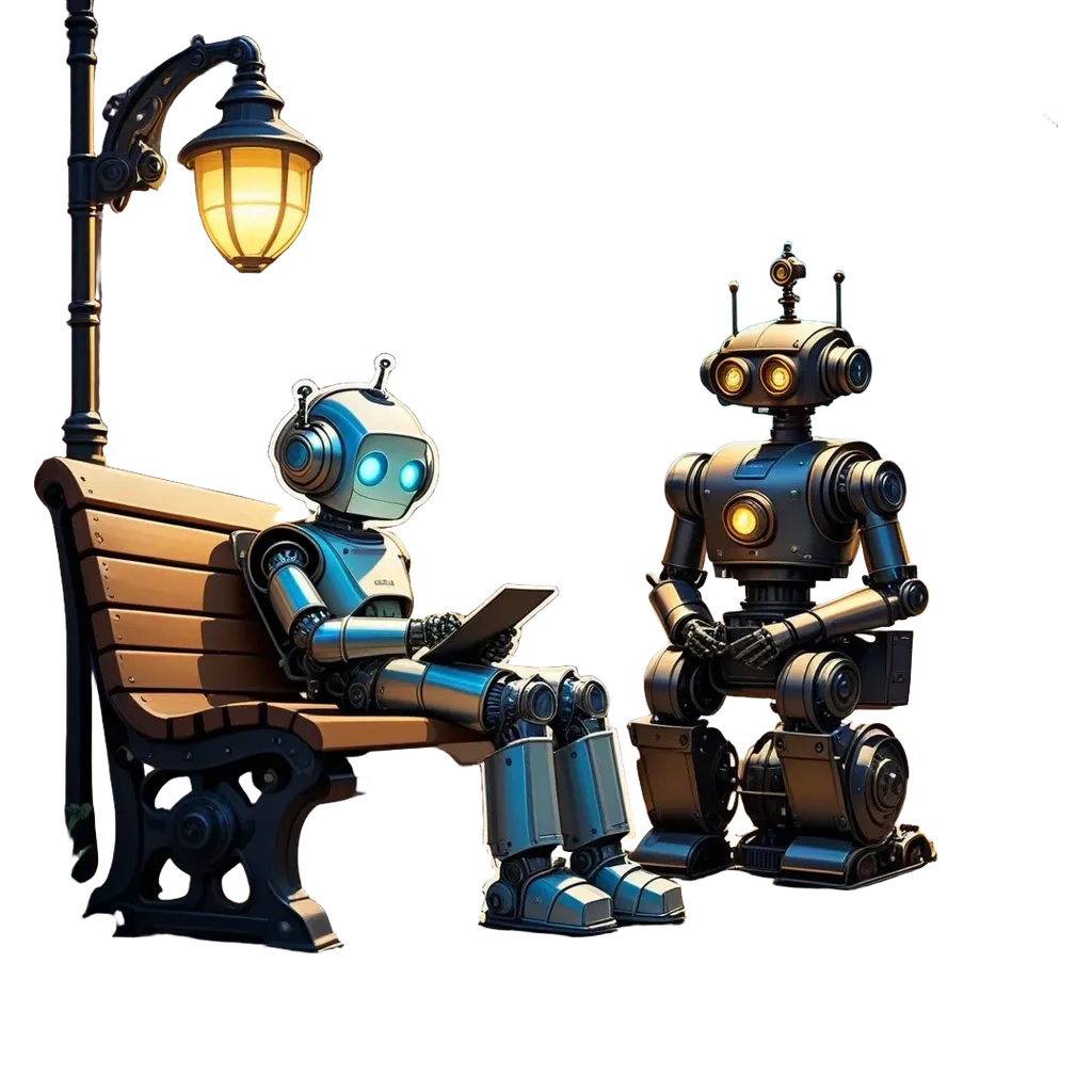 Two robots are sitting on a bench and one of them is reading a book.