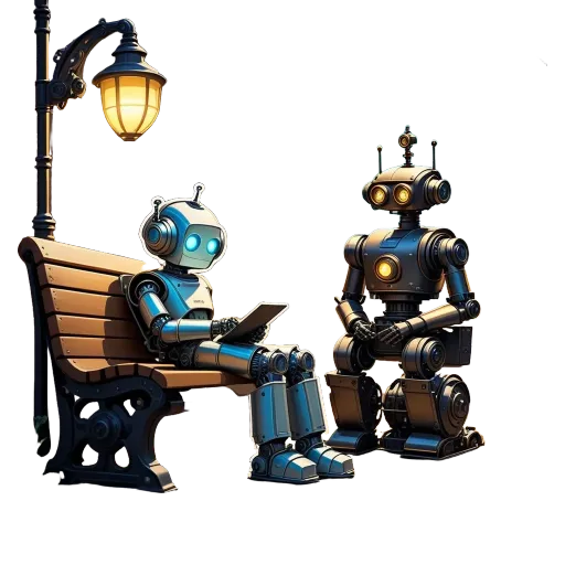 Two robots are sitting on a bench and one of them is reading a book.