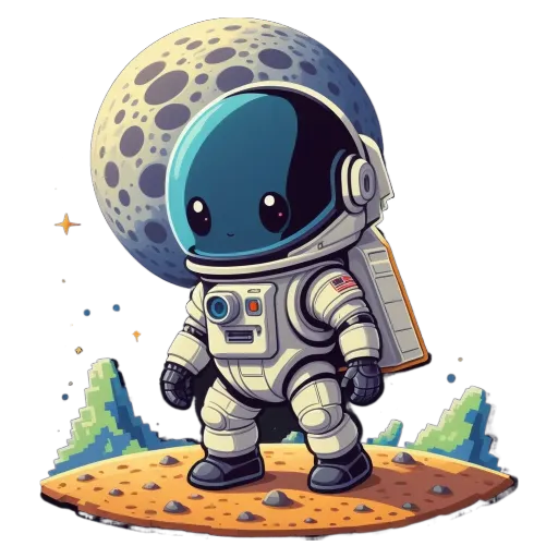 A cartoon alien in space that is wearing a helmet and has a flagrant on his back.