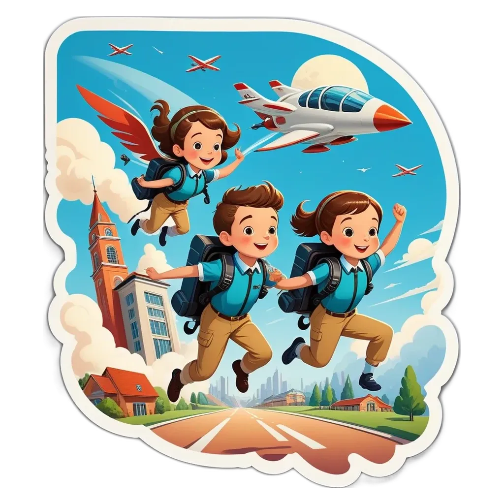 Three cartoon children with backpacks flying a plane.