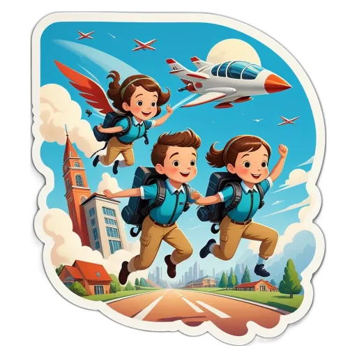 Three cartoon children with backpacks flying a plane.
