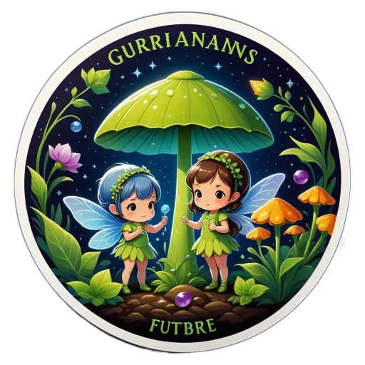 Two fairies standing under a mushroom with Futre written on it.
