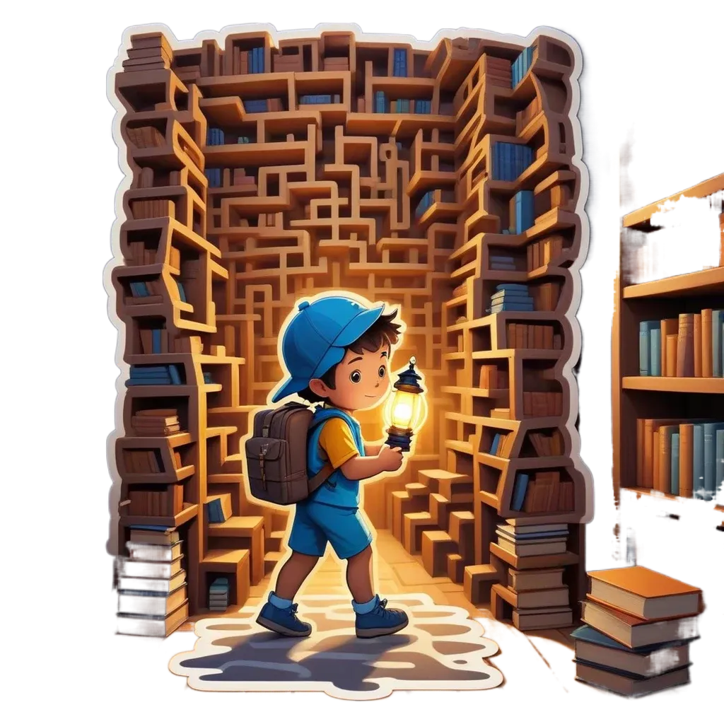 A boy with a light on in a library.