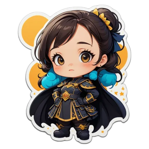 A girl with a cape and blue earrings standing with her hands on her hips in a black outfit.