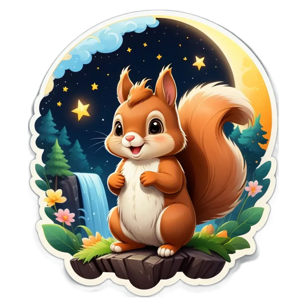 A cartoon picture of a squirrel on a rock.