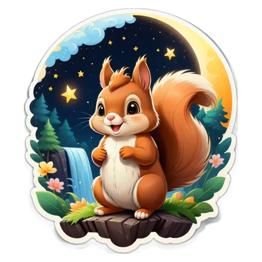 A cartoon picture of a squirrel on a rock.