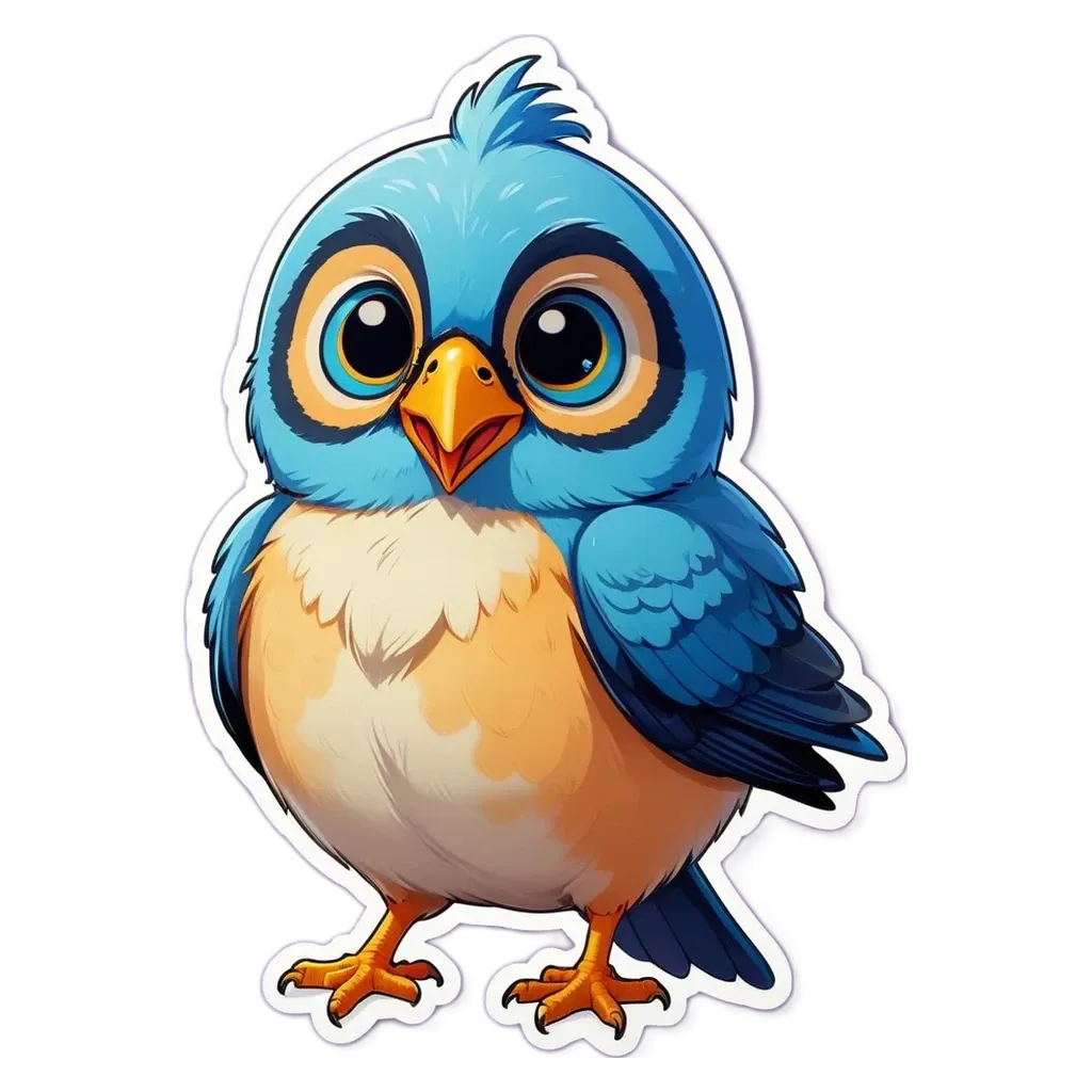 A blue bird with yellow eyes is standing on a black background.
