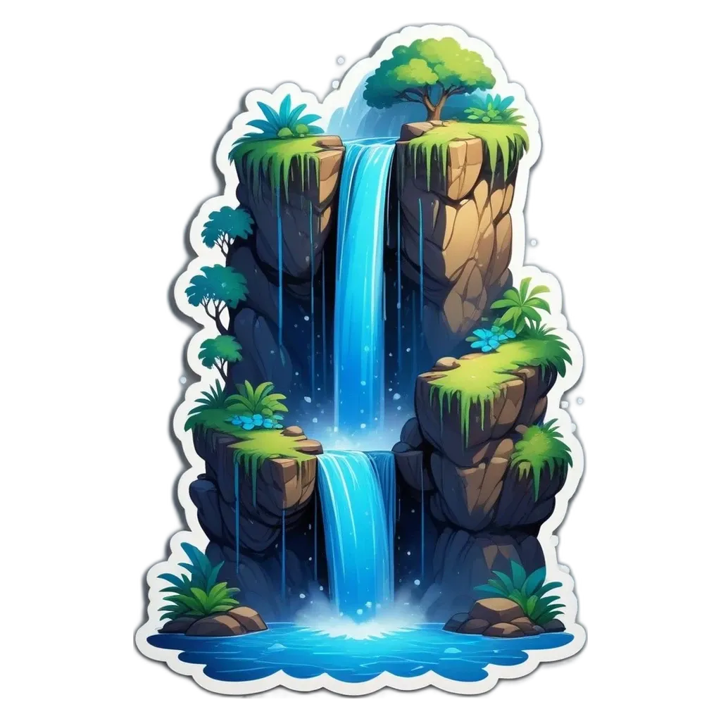 A waterfall surrounded by plants is drawn in a cartoon style.