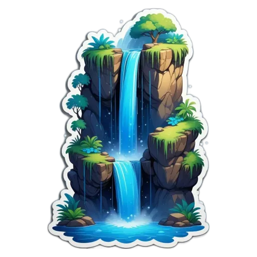 A waterfall surrounded by plants is drawn in a cartoon style.