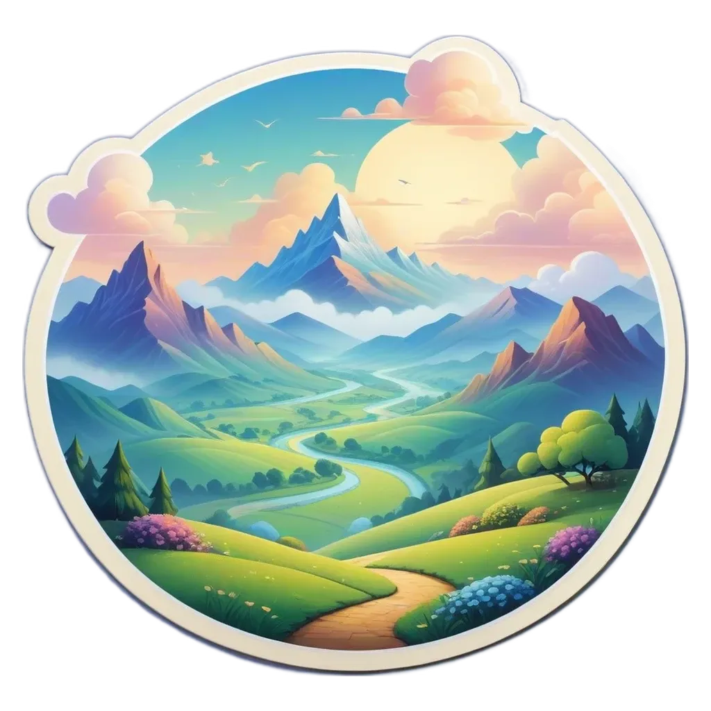 A landscape painting of a mountain valley with a river and trees.