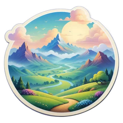 A landscape painting of a mountain valley with a river and trees.