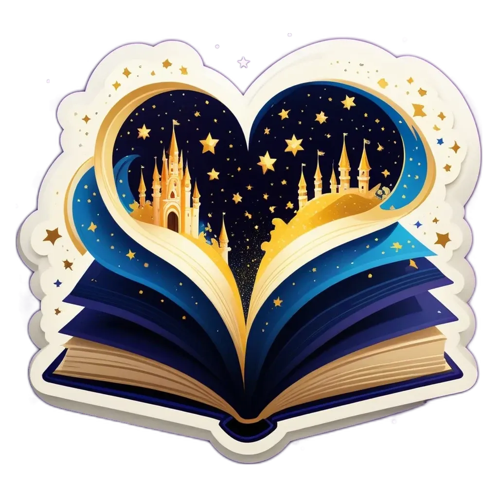 A book with stars and castles is opened to its title page.