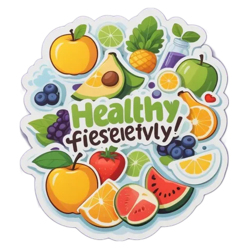 A Healthy Fiecely logo with fruits and vegetables.