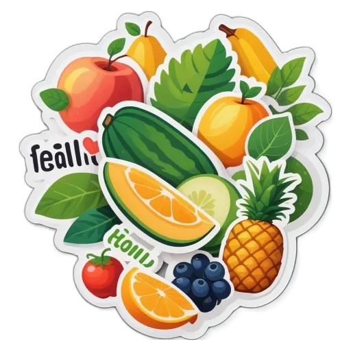 A collection of fruit stickers including slices of pineapple, blueberries and oranges.