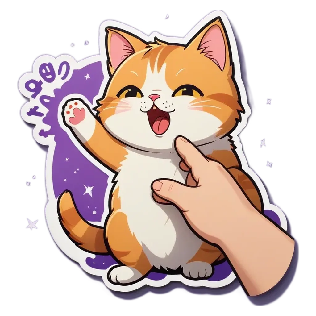A cartoon cat with a paw raised and a human finger to its left.