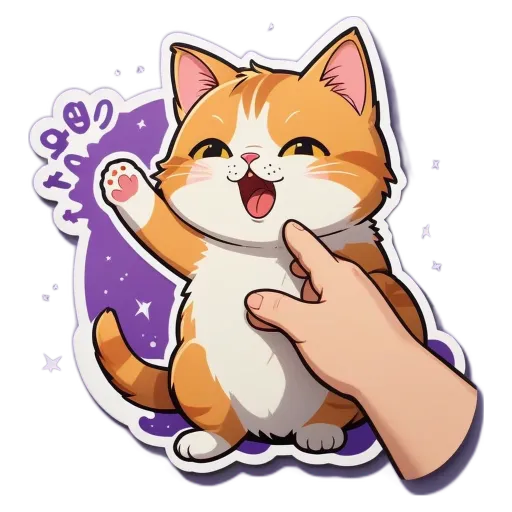 A cartoon cat with a paw raised and a human finger to its left.