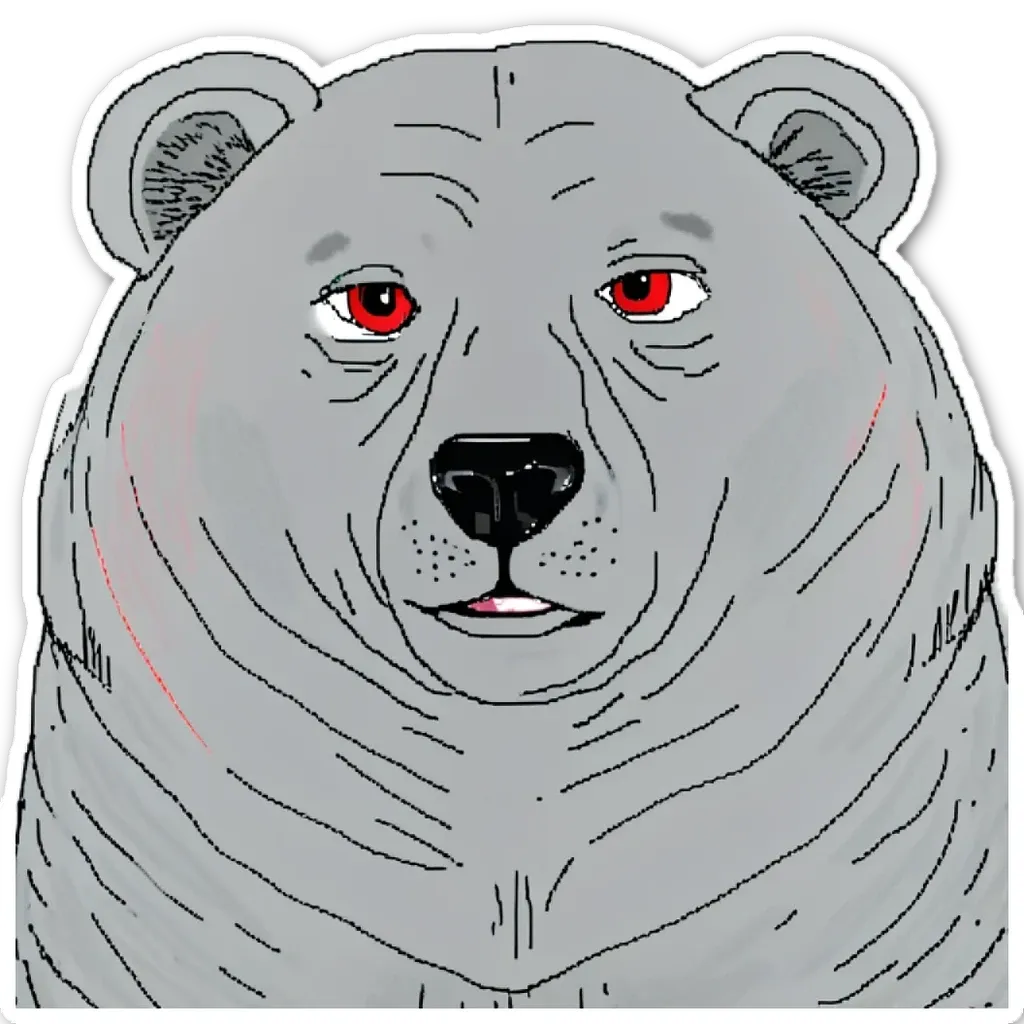 A sticker of a bear with red eyes.