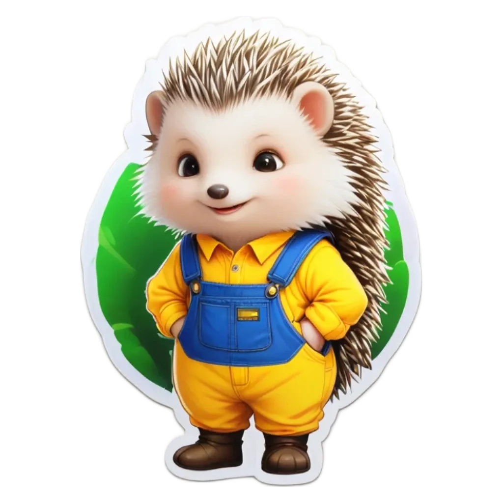 A hedgehog wearing overalls and a yellow shirt standing on a black and white background.