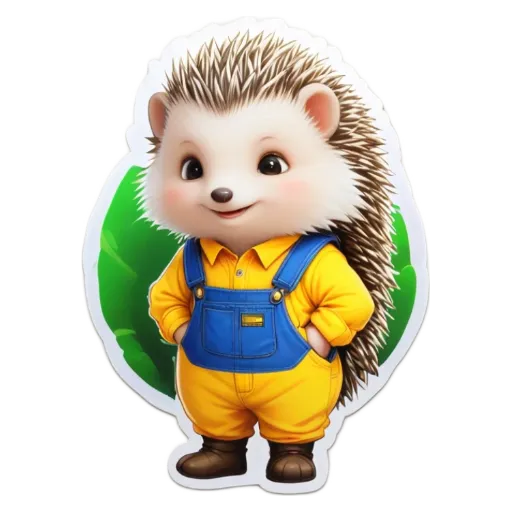 A hedgehog wearing overalls and a yellow shirt standing on a black and white background.