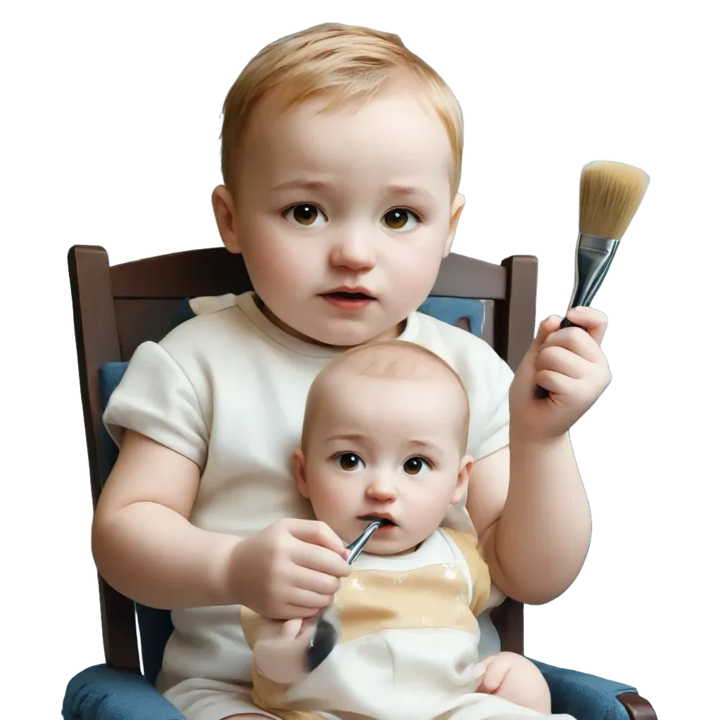 A baby holding a paint brush along with a sitter.