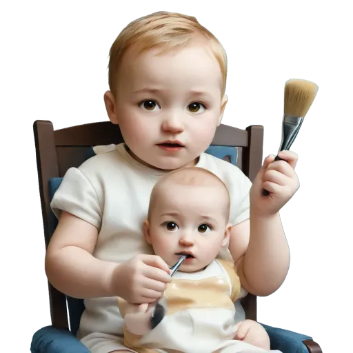 A baby holding a paint brush along with a sitter.