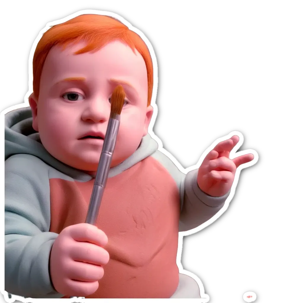 A baby holding a paintbrush his finger with a paint brush.