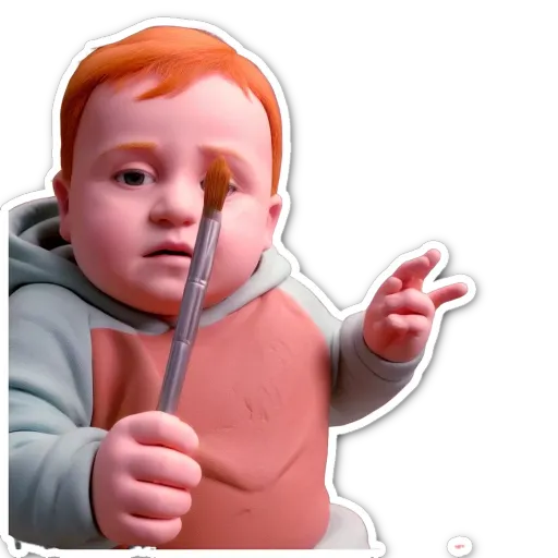 A baby holding a paintbrush his finger with a paint brush.