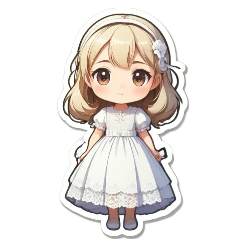 A girl wearing a white dress has a sad look on her face.