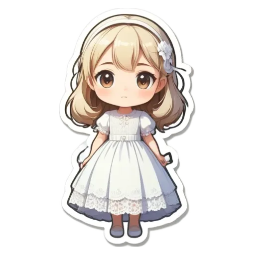 A girl wearing a white dress has a sad look on her face.
