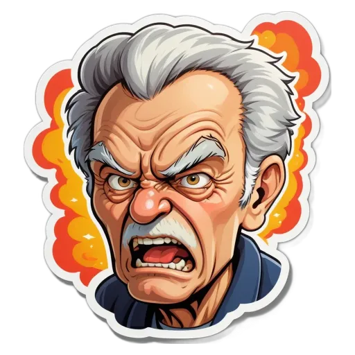 An angry man's face is shown with a sticker of him yelling.
