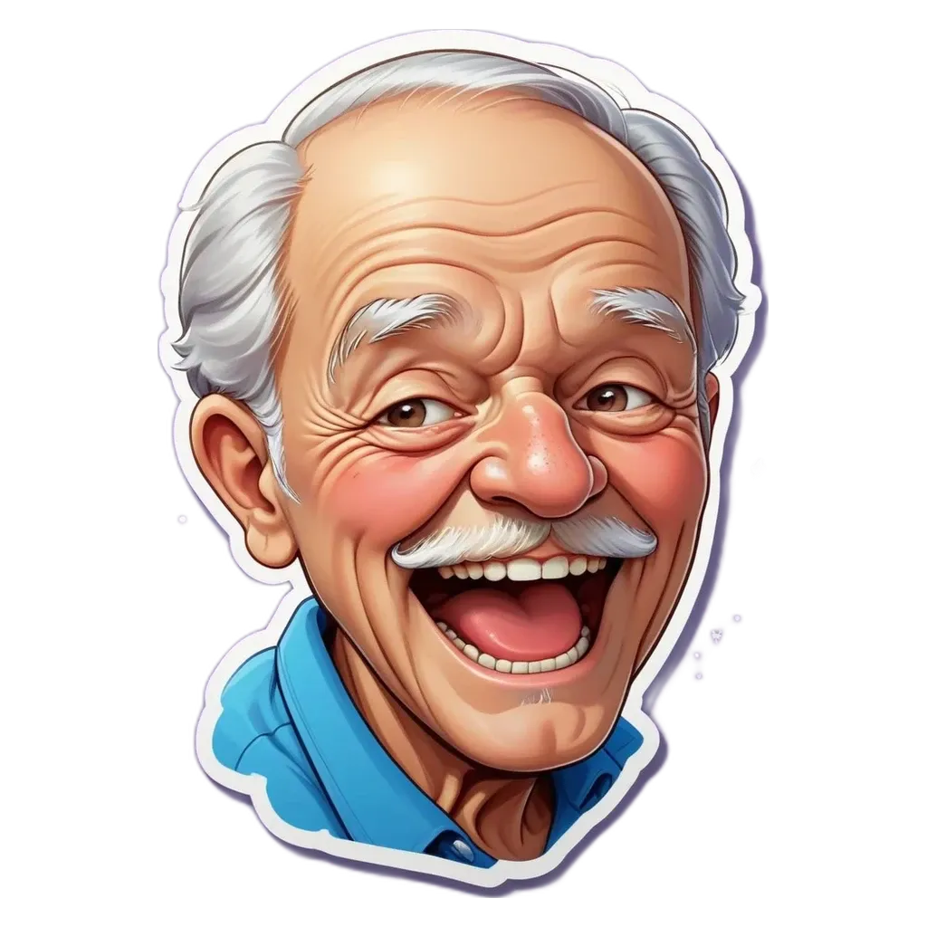 A cartoon drawing of an old man smiling.