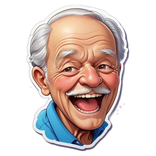 A cartoon drawing of an old man smiling.