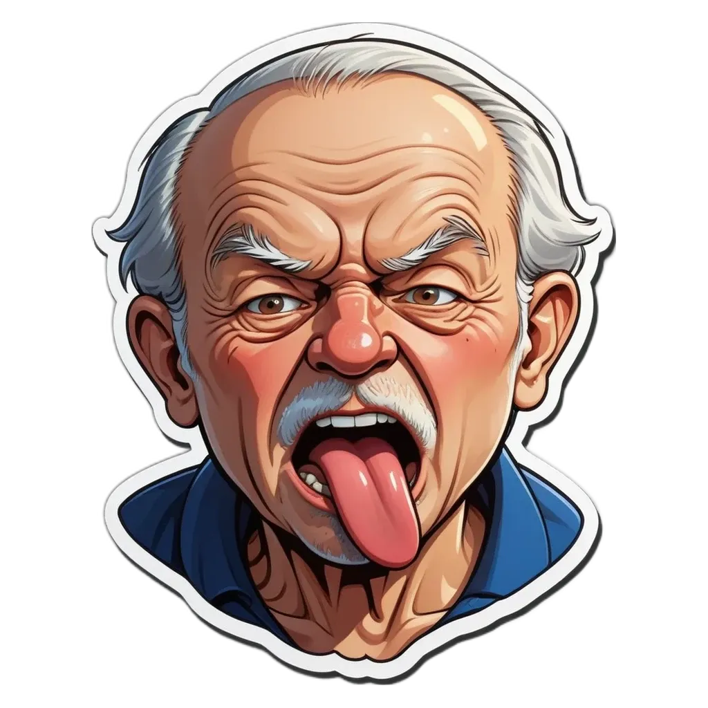 An angry old man with his tongue out is cartooned on a sticker.